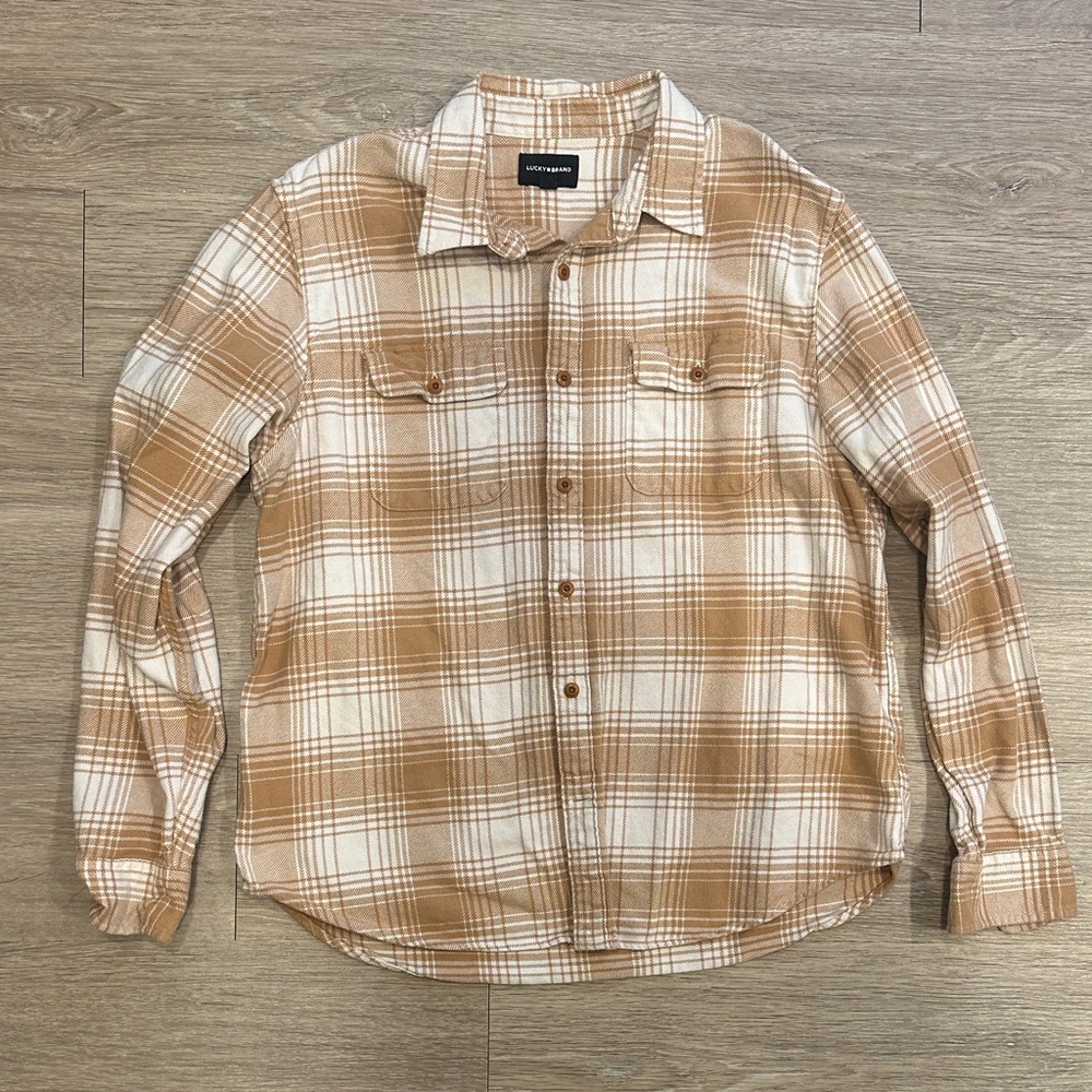 Lucky Brand Tan and White Plaid Men's Shirt
